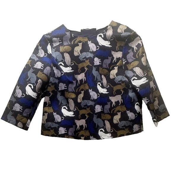 H&M Cat Print Jacquard Cropped Jacket Women’s Size 8 3/4 Sleeve Zip Up - Picture 6 of 6